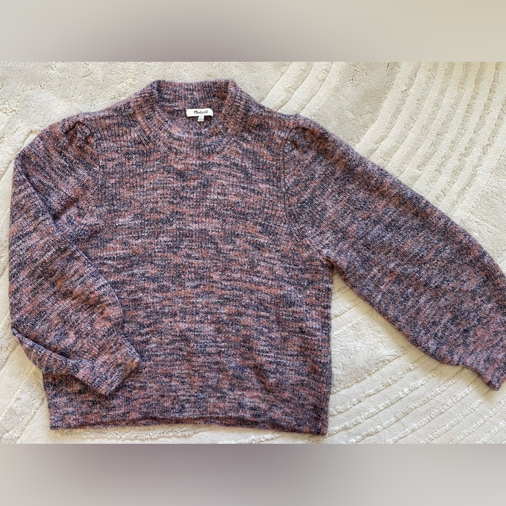 Madewell Space-Dyed Eaton Puff-Sleeve Pullover Sweater in Marled Plum, Size L